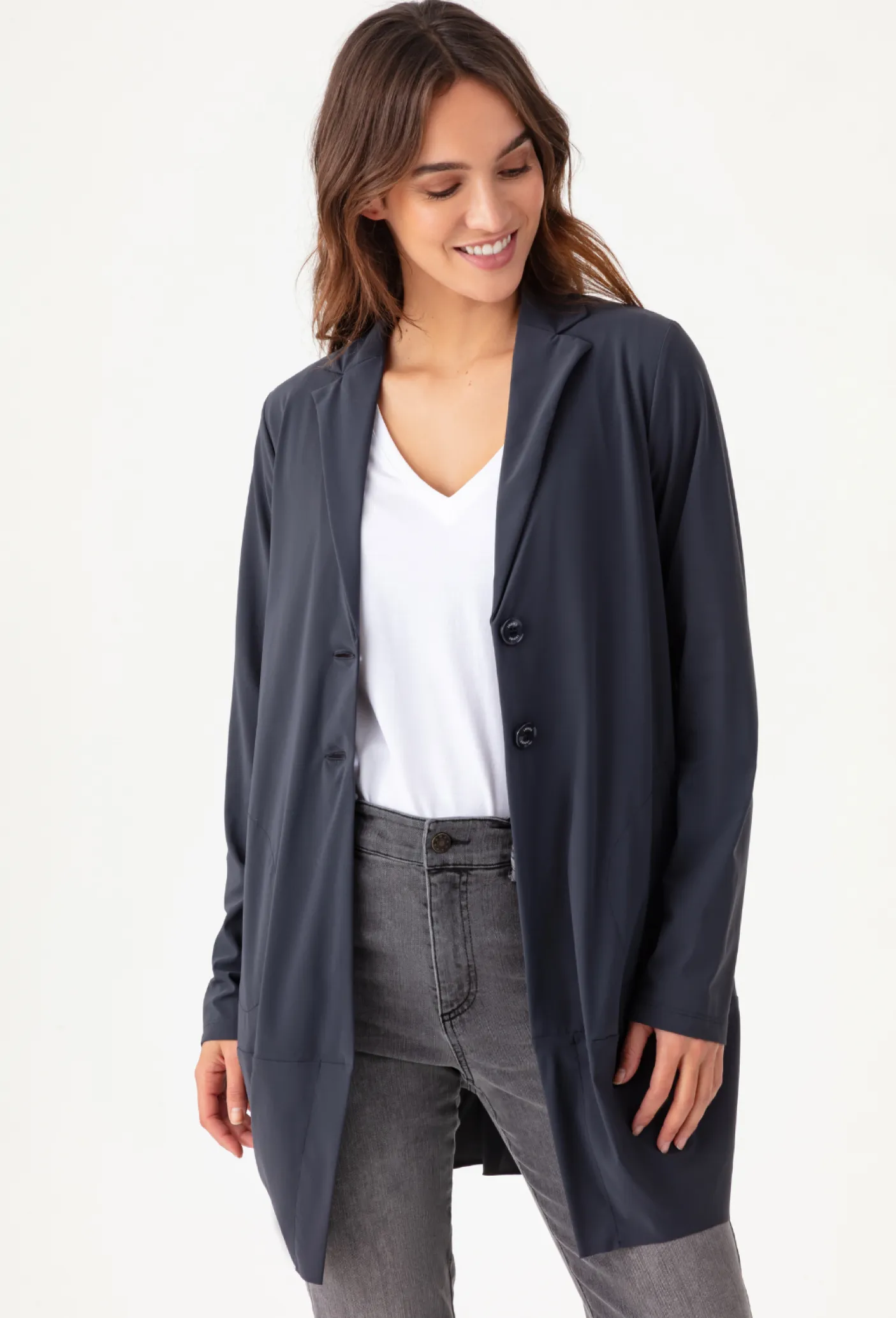 Veste mi-longue Selena grise en jersey technique | INDIES